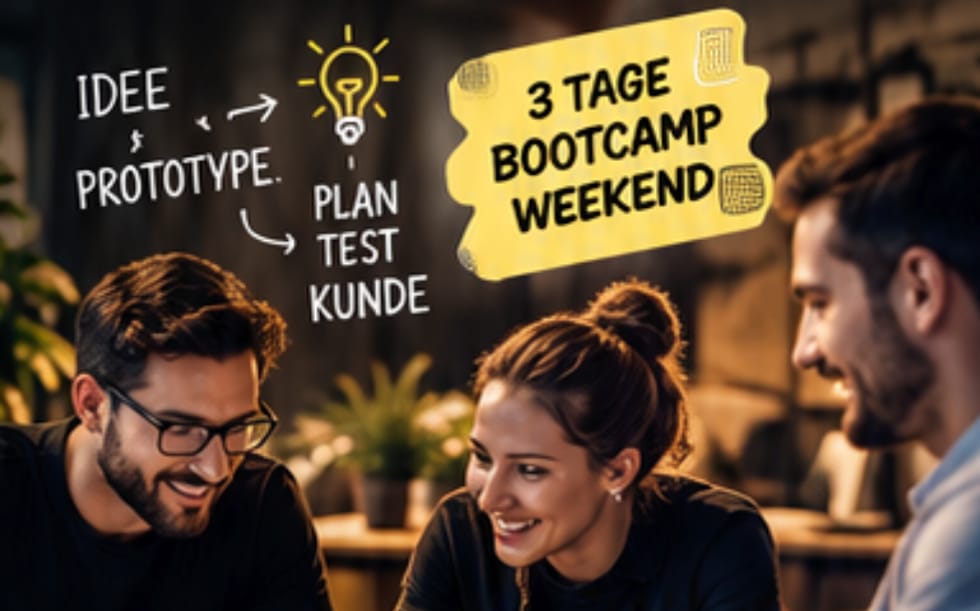 Gründer:innen im Gespräch, dazu Skizze „Idee, Prototyp, Plan, Test, Kunde“ und Sticker „3 Tage Bootcamp Weekend“